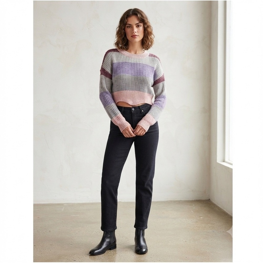 Luv‎ Lane Chenille Striped Cropped Sweater Pink Purple Grey Small Notch Hem